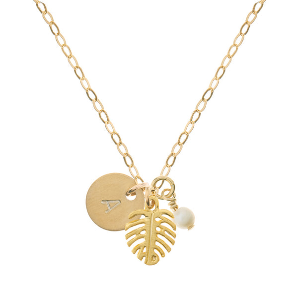 Golden Monstera Initial Pearl Necklace