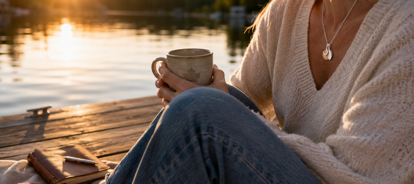 A woman sitting on a wooden dock wearing a Lucky Penny Necklace by CITRUS