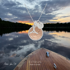 A silver necklace with a coin pendant and two charms is shown floating above a lake at sunset, with a wooden boat in the foreground. The pendant includes a silver maple leaf and a silver disc charm engraved with the number 17, alongside a copper-toned Canadian coin charm.