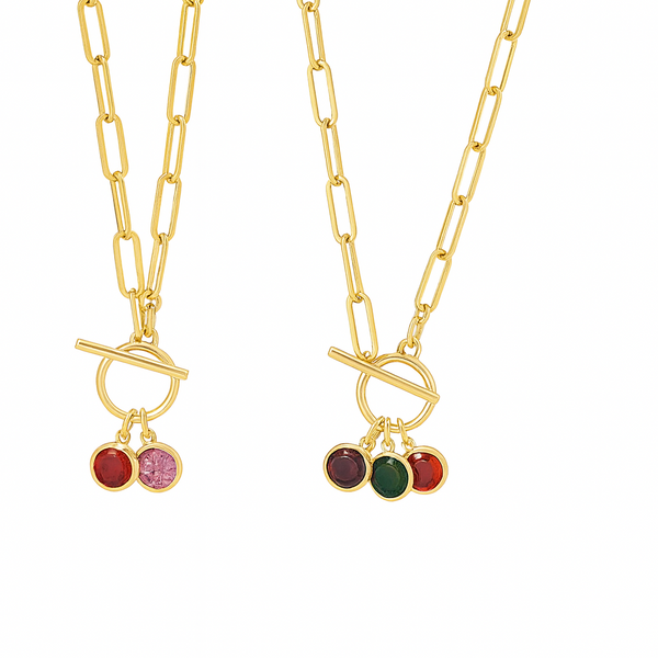 Two gold necklaces with gemstone pendants on a white background