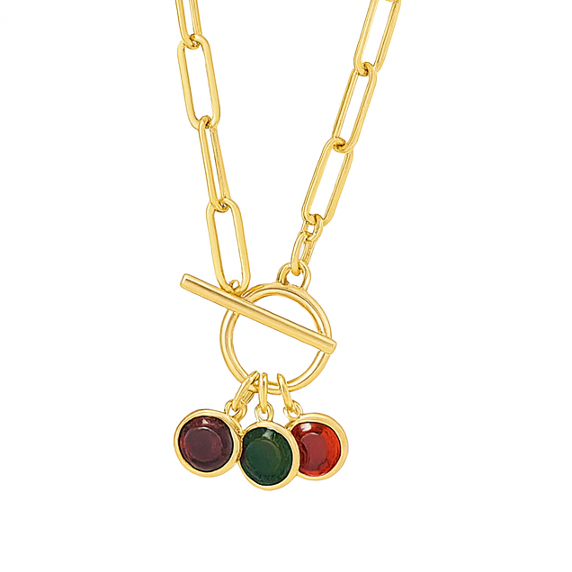 Two gold necklaces with gemstone pendants on a white background