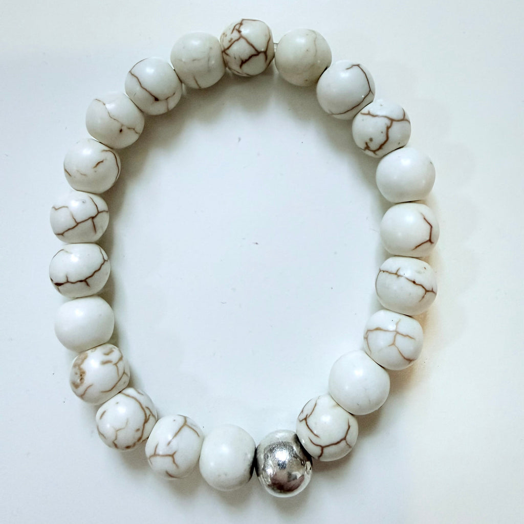 White Howlite beaded bracelet on a white background