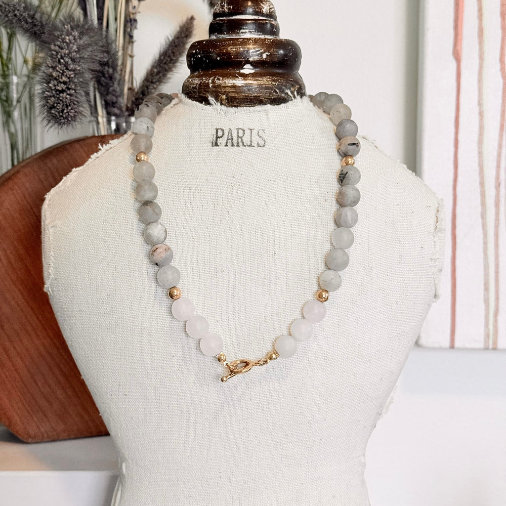 Tourmaline Beaded Necklace with gold toggle clasp and gold beaded detail.