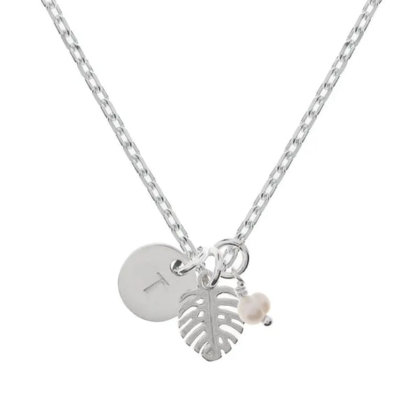 Monstera Initial Pearl Necklace - Citrus