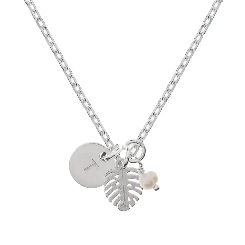 Monstera Initial Pearl Necklace - Citrus