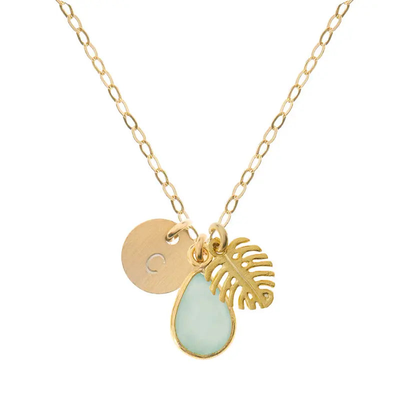 Golden Monstera Chalcedony Initial Necklace - Citrus
