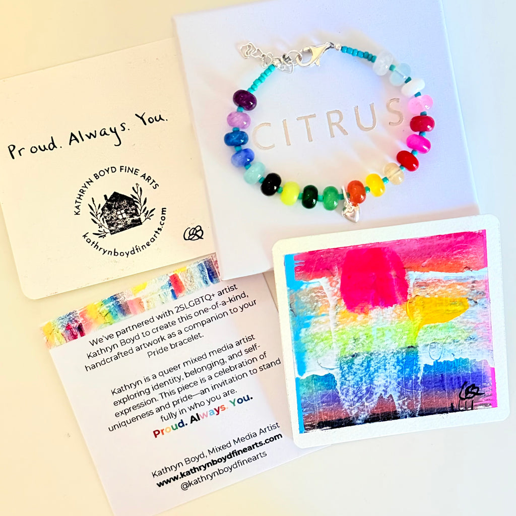 Colorful beaded bracelet with a card and abstract painting on a light background