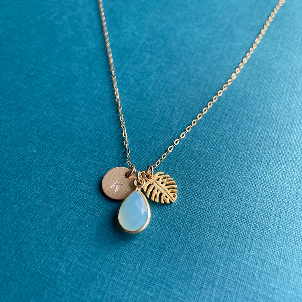 Golden Monstera Chalcedony Initial Necklace