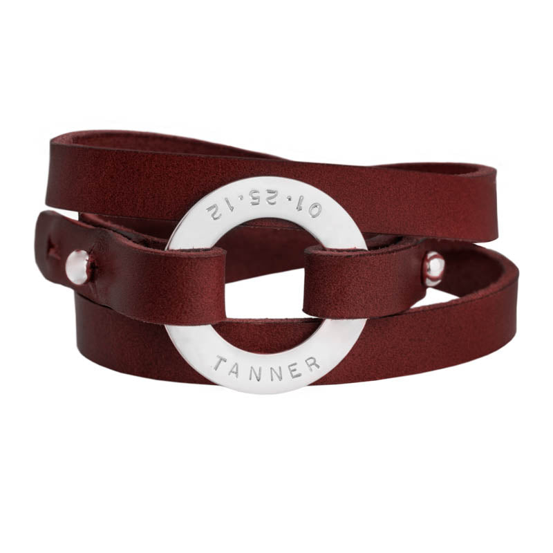 Personalized Bordeaux Leather Cuff