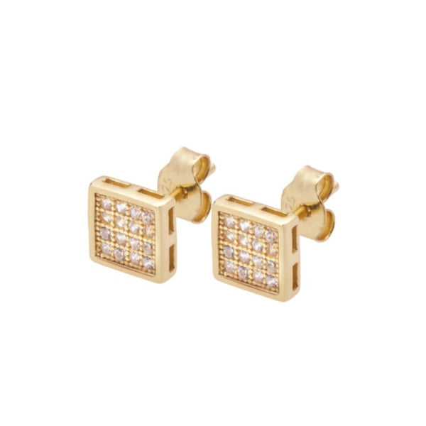 Yellow Gold Square Sparkle Stud Earrings