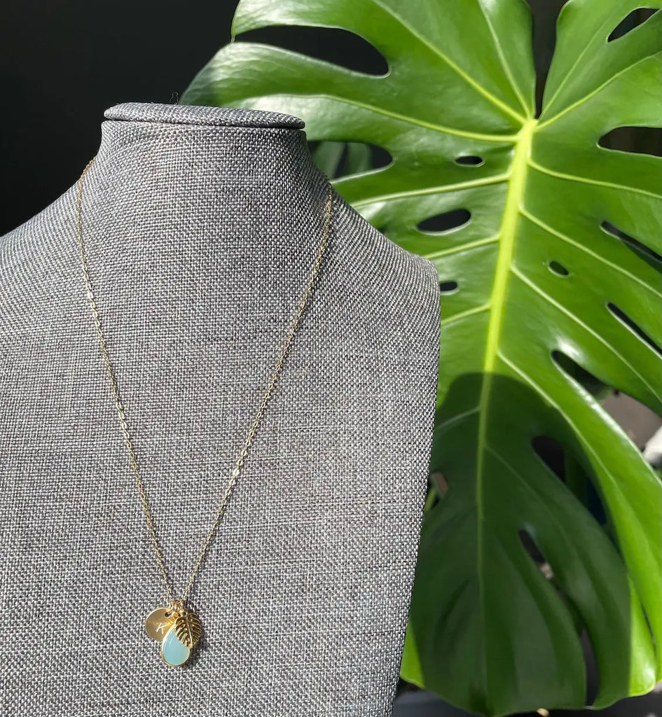 Golden Monstera Chalcedony Initial Necklace - Citrus